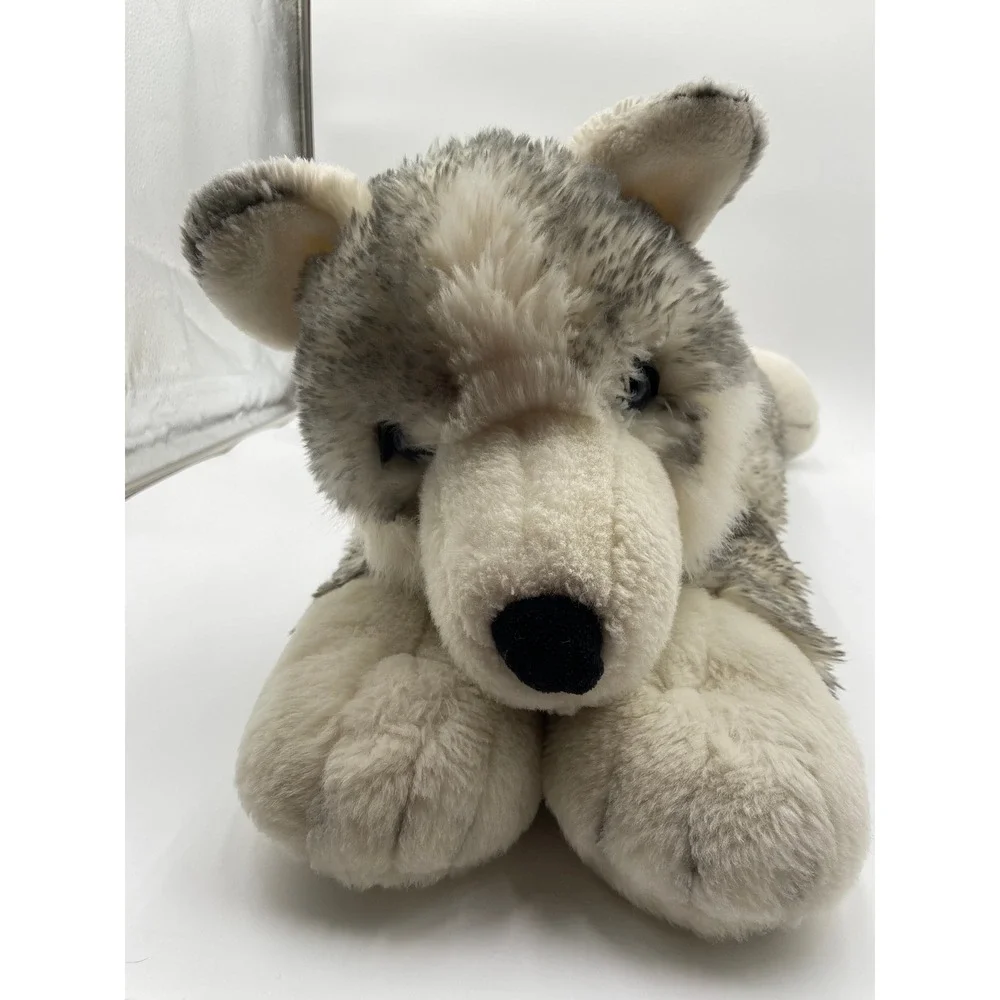 Aurora Husky Dog Plush Gray White Large 28 Inch Realistic Blue Eyes Lying Down